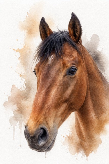 Portrait de cheval en aquarelle, lavis sur papier blanc, tirage d'art