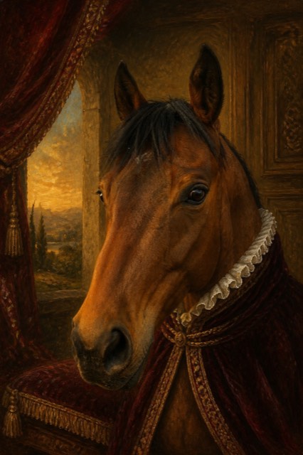 Portrait de cheval bai en peinture classique, fond de palais et tenture de velours, tirage fine art