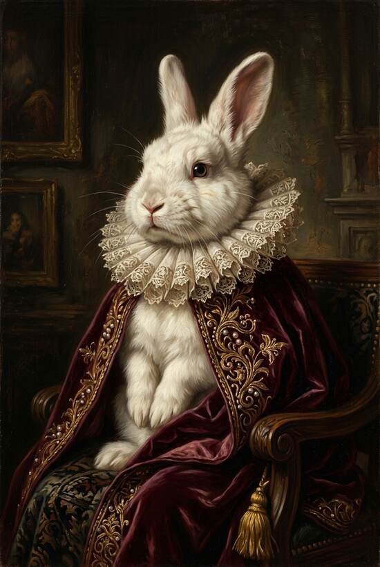 Portrait de lapin personnalisé en peinture Renaissance, cape de velours et fraise en dentelle