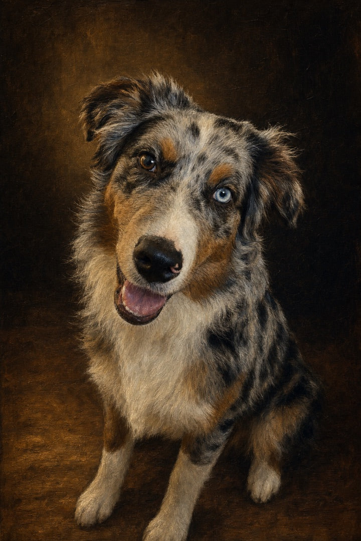 Portrait d’un golden retriever à la manière des maîtres anciens, encadré